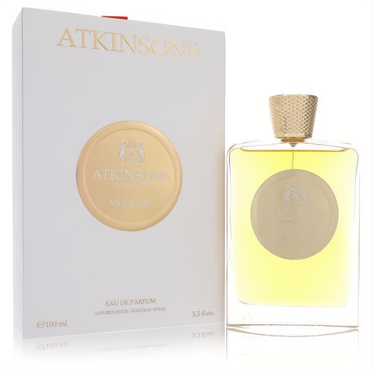 Atkinsons My Fair Lily unisex Eau De Parfum spray. Clear 3.3 oz bottle and elegant white box with gold accents.