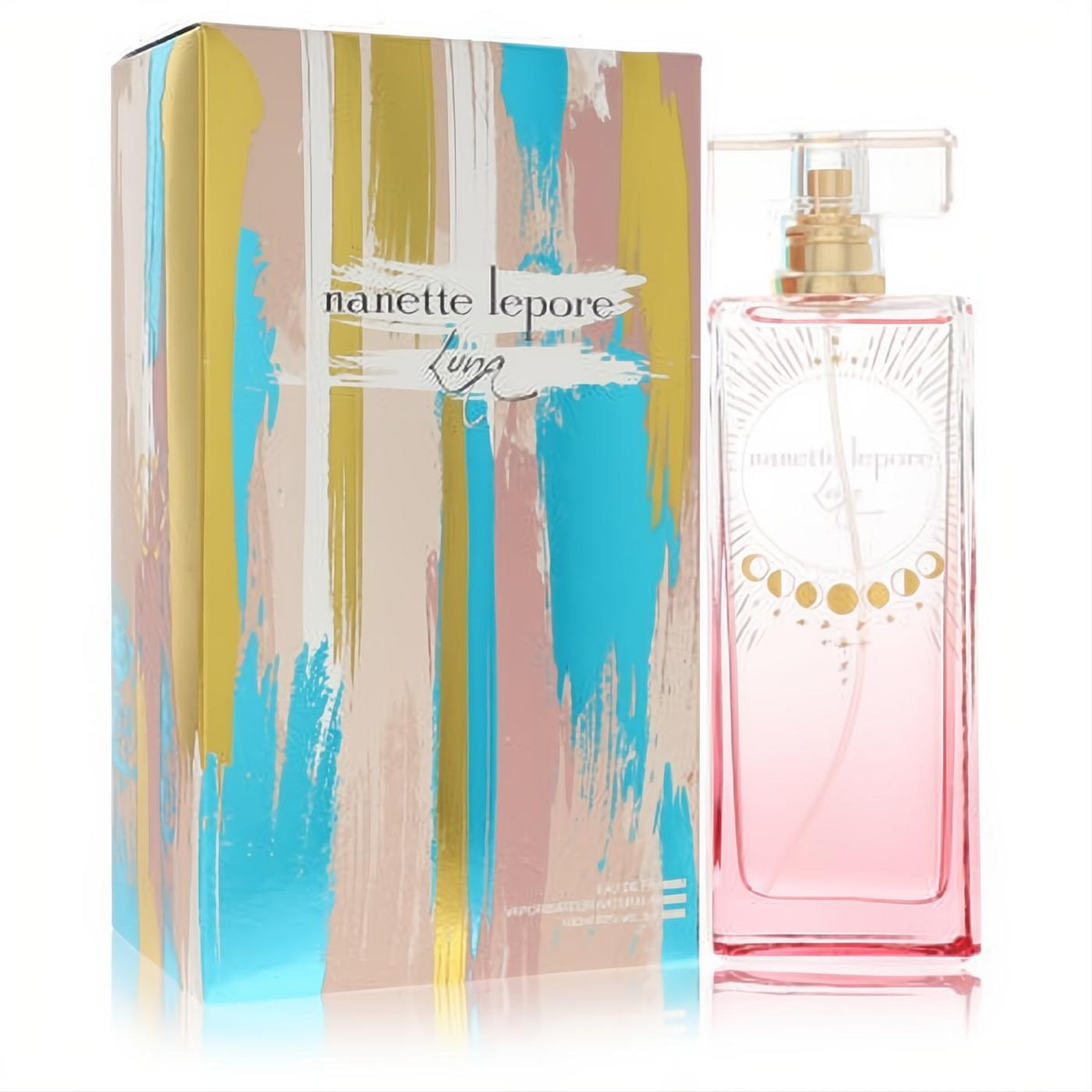 Nanette Lepore Luna 3.4 oz EDP: chic pink bottle with gold cap and sun design, paired with a vibrant abstract art box.