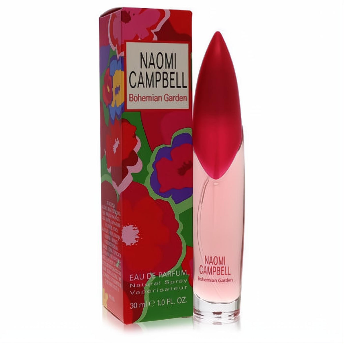 Naomi Campbell Bohemian Garden 1 oz EDP. Elegant pink glass bottle with vibrant fuchsia cap and colorful floral box.