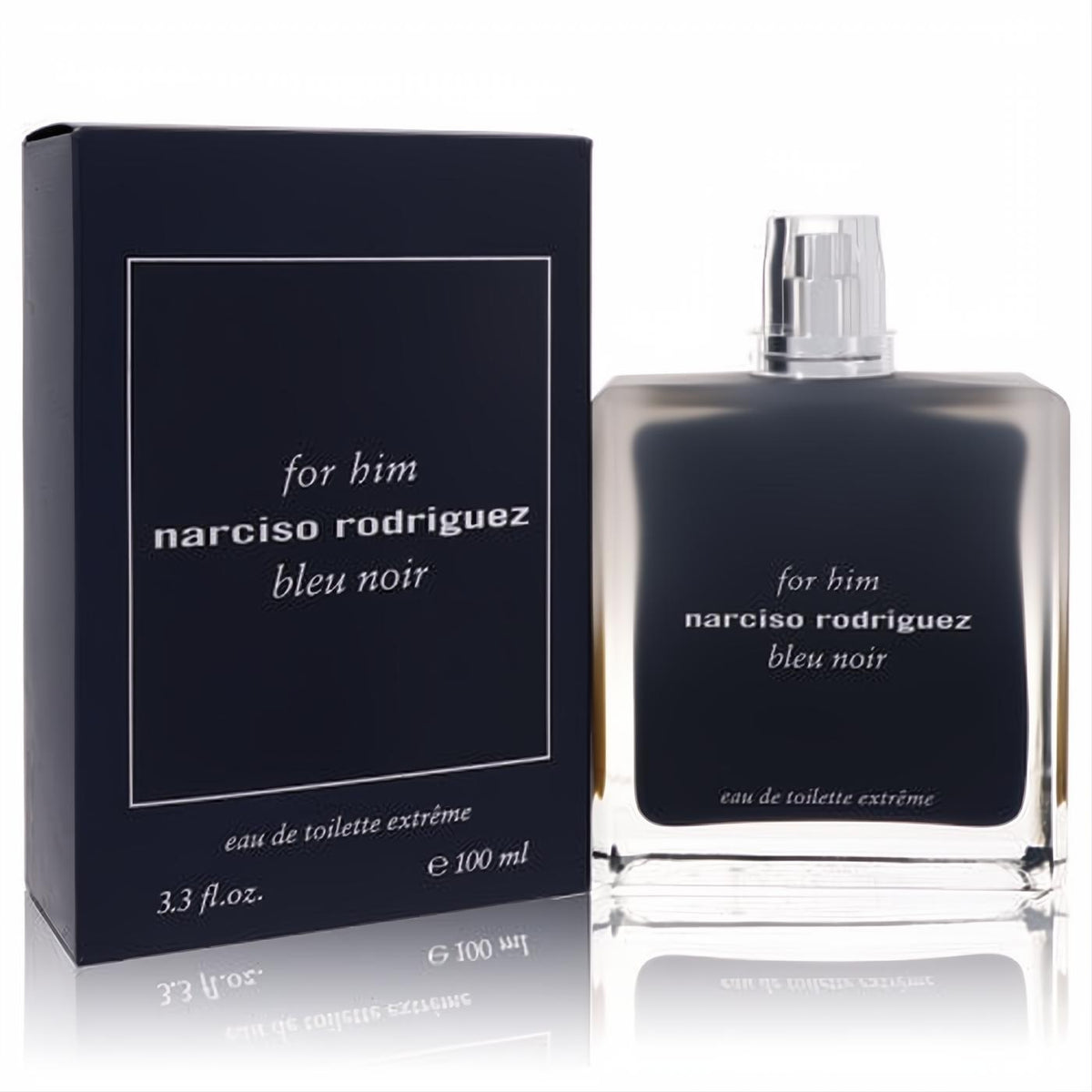 Discover Narciso Rodriguez Bleu Noir Extreme EDT 3.3 oz. Bold dark blue glass bottle with silver cap and matching box."Discover Narciso Rodriguez Bleu Noir Extreme EDT 3.3 oz.