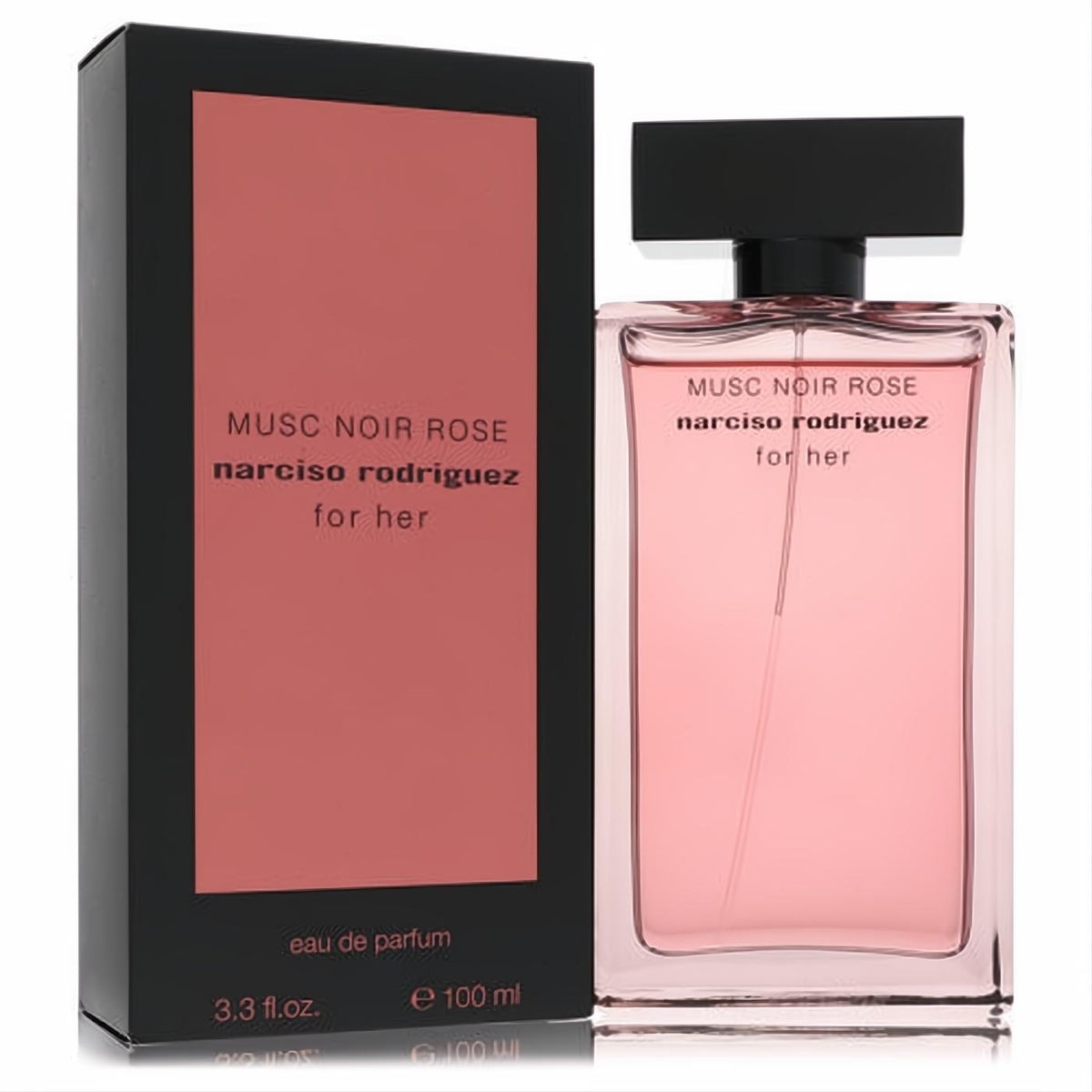 Narciso Rodriguez Musc Noir Rose 3.3 oz EDP. Luxurious rose-pink fragrance in a sleek glass bottle with black cap and matching box.