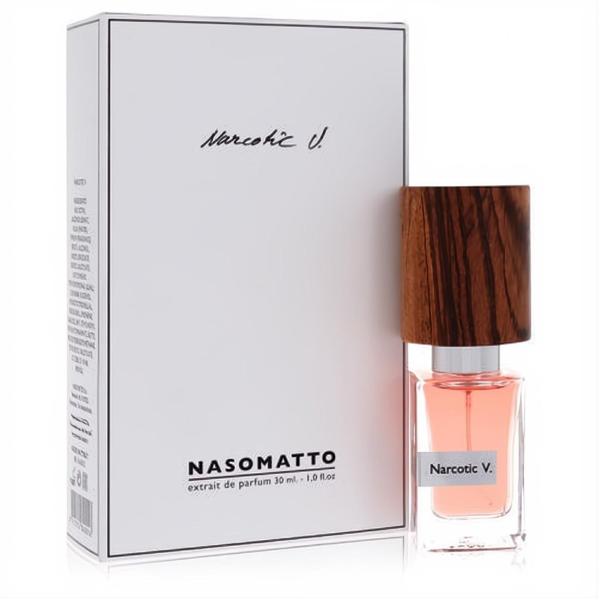 Elegant Nasomatto Narcotic V 1 oz extrait de parfum. Features a clear bottle with pink liquid, a luxurious dark wood cap, and a crisp white box.