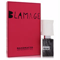 Distinctive Nasomatto Blamage 1 oz extrait de parfum: dark wood-grain bottle, white cap, and bold red box.