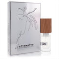 Nasomatto Silver Musk 1 oz pure perfume. Clear bottle with a warm wood cap, beside its elegant, artistic silver box.