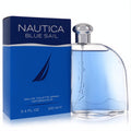 Nautica Blue Sail 3.4 oz men's EDT. Sleek clear glass bottle with light blue fragrance, silver cap, and vibrant blue box.