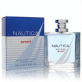 Nautica Voyage Sport 3.4 oz EDT for men. Fresh blue fragrance in a sleek glass bottle with silver cap, beside its vibrant blue and white box.