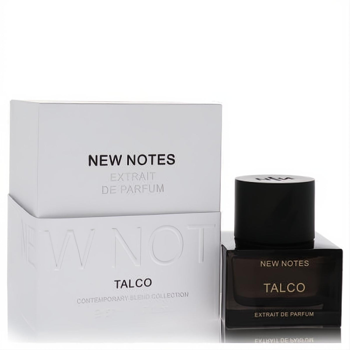New Notes Talco Extrait De Parfum 1.7 oz in a sleek dark glass bottle with matte black cap and elegant white packaging.