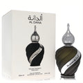Niche Emarati Al Dana 3.4 oz unisex EDP. Elegant dark green ribbed glass bottle, ornate silver spire cap, and white box.