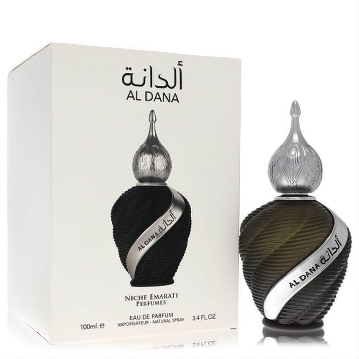 Niche Emarati Al Dana 3.4 oz unisex EDP. Elegant dark green ribbed glass bottle, ornate silver spire cap, and white box.
