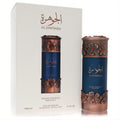 Niche Emarati Al Jawhara unisex perfume, 3.4 oz. Luxurious dark blue bottle with ornate bronze floral metalwork, presented in its elegant white box.