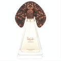 Niche Emarati Ghinwa 3.4 oz unisex perfume. Clear triangular bottle with a striking, ornate bronze cap featuring intricate dark filigree.