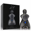 Bold Niche Emarati Khalid 2.7 oz unisex EDP. Unique dark metallic warrior bottle with striking blue gems, beside its sleek black box.