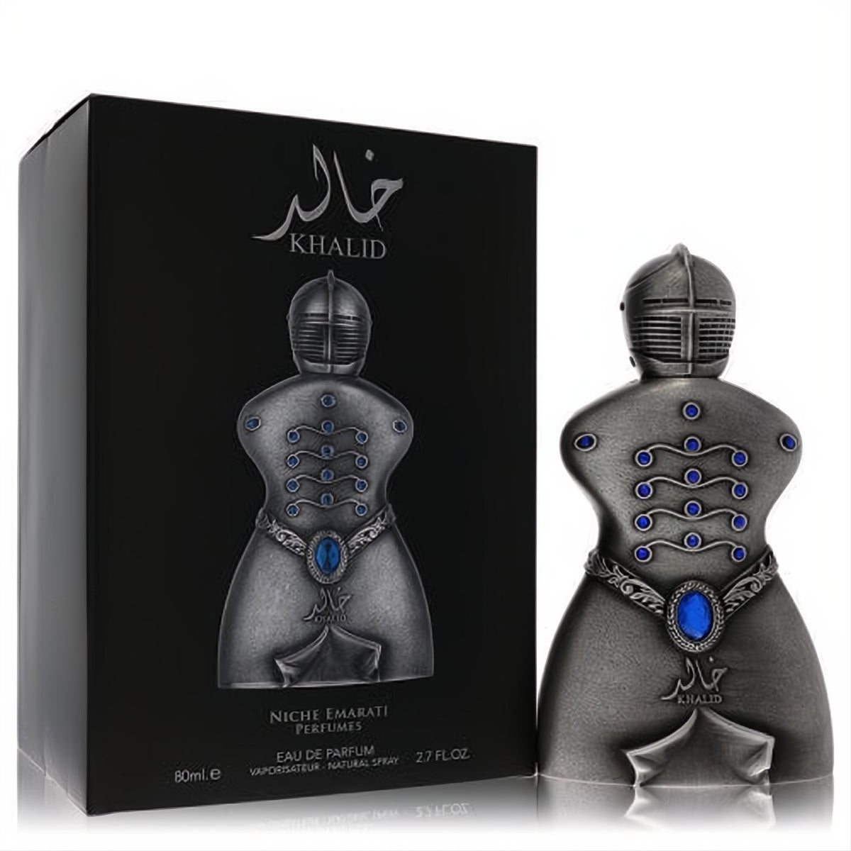 Bold Niche Emarati Khalid 2.7 oz unisex EDP. Unique dark metallic warrior bottle with striking blue gems, beside its sleek black box.