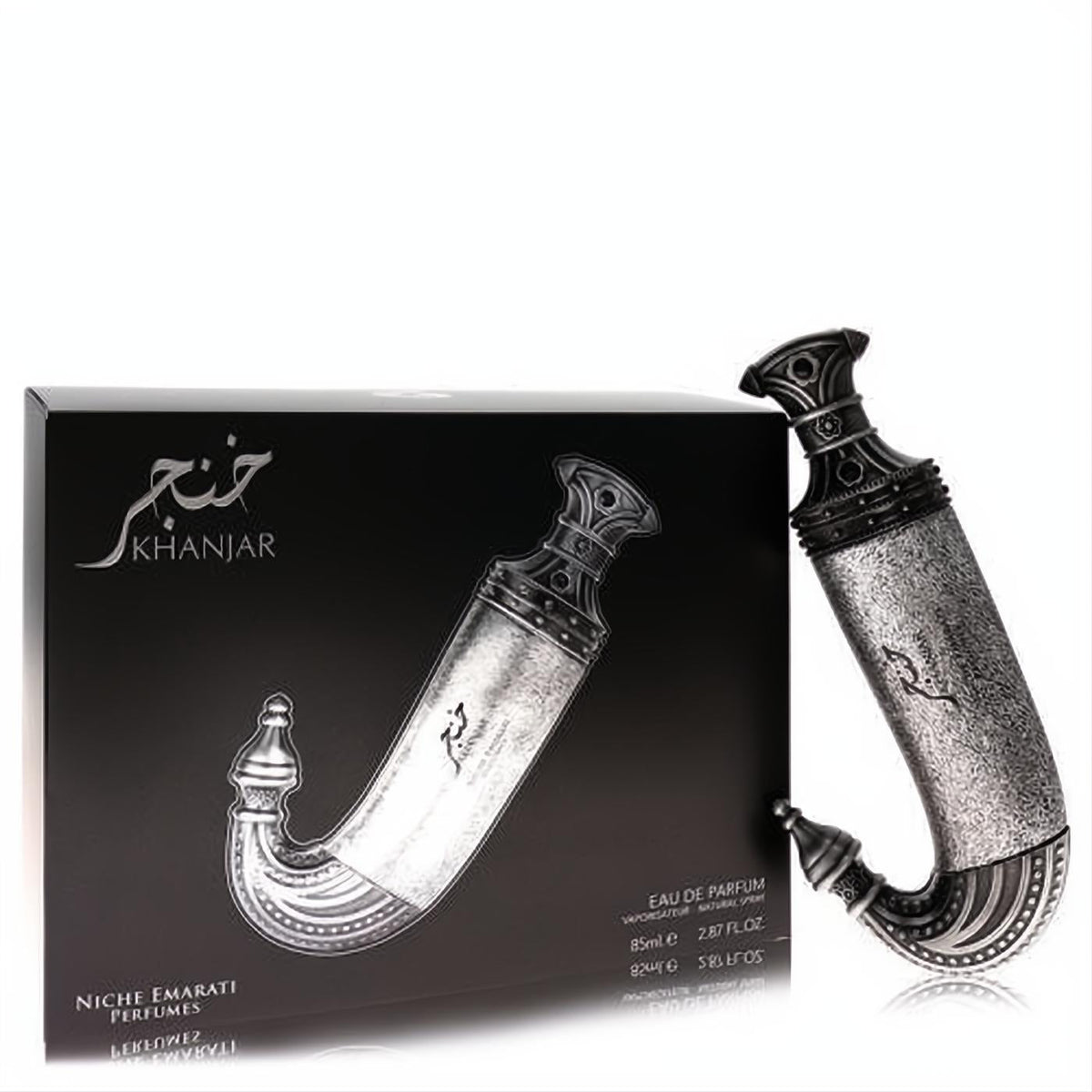 Niche Emarati Khanjar by Lattafa 2.8 oz EDP. Ornate silver dagger-shaped perfume bottle and elegant black box.