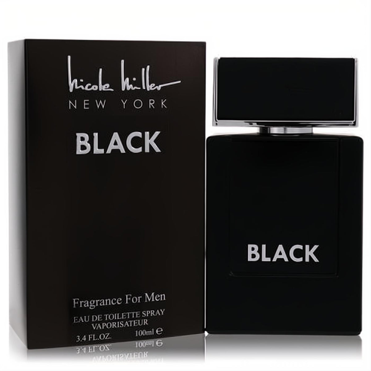 Discover Nicole Miller Black Eau De Toilette spray for men, 3.4 oz. Sleek black glass bottle with silver cap.