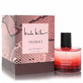 Elegant Nicole Miller Mystique 3.4 oz Eau De Parfum. Features a captivating red ombre bottle and a luxurious rose gold snakeskin box.