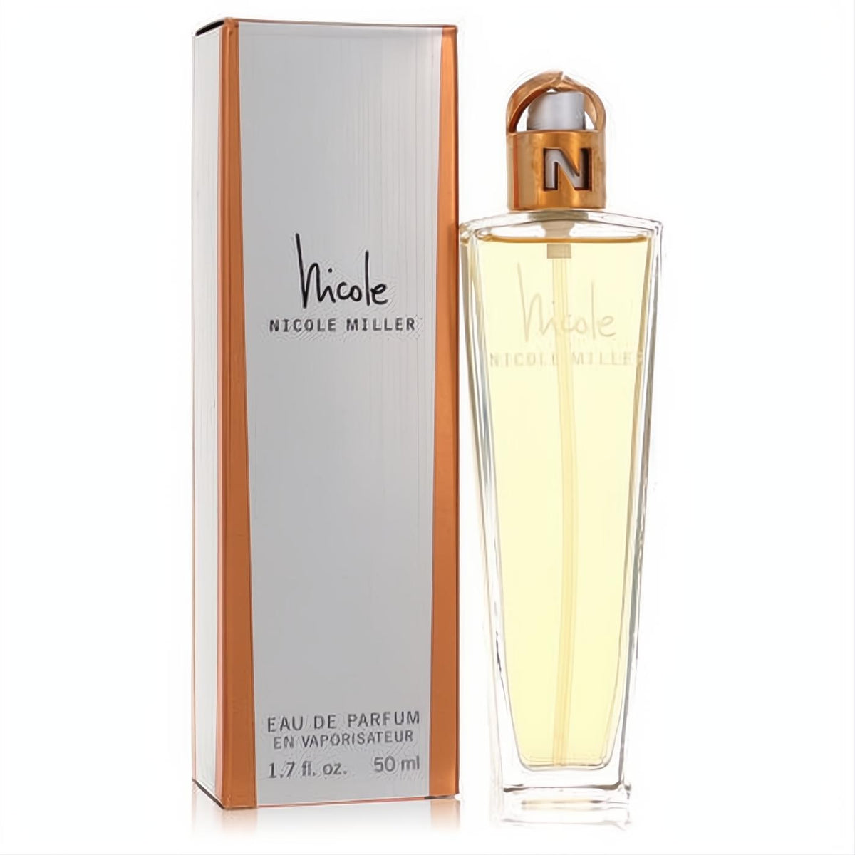 Elegant Nicole by Nicole Miller 1.7 oz Eau De Parfum spray. Clear glass bottle, gold 'N' cap, and stylish silver-bronze box.