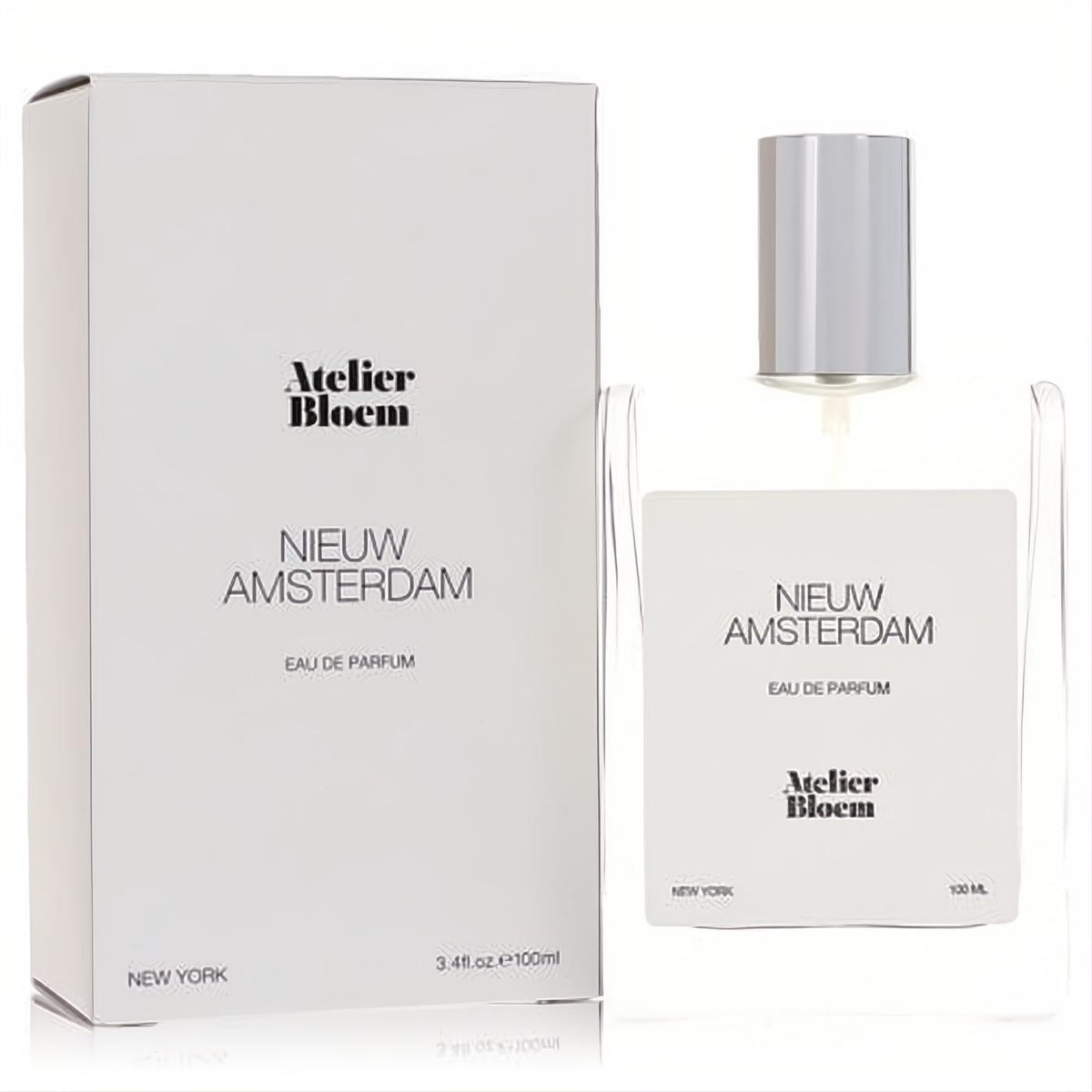 Elegant Nieuw Amsterdam by Atelier Bloem 3.4 oz unisex Eau De Parfum. Clear glass bottle, silver cap, and crisp white packaging.