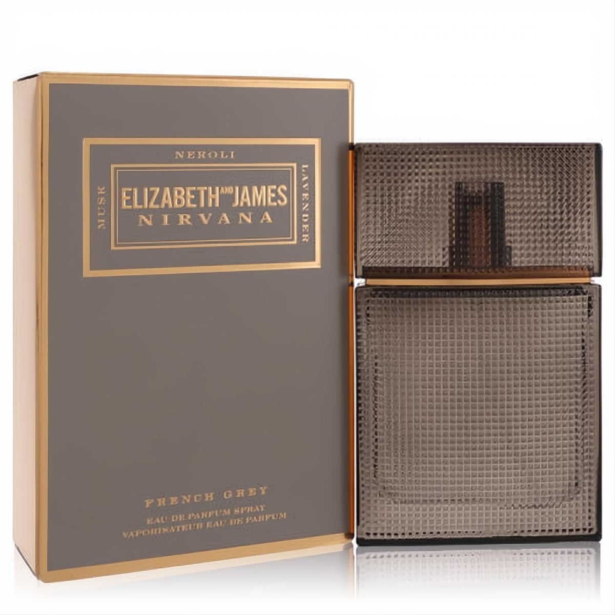 Nirvana French Grey unisex EDP: elegant dark grey textured glass bottle with gold accents, next to its matching grey and gold box.