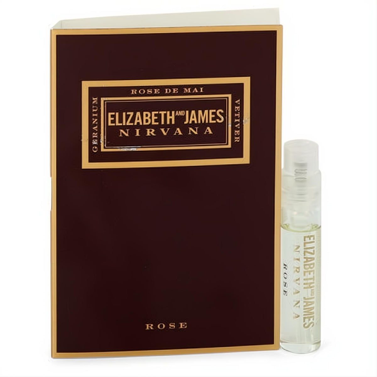 Elizabeth and James Nirvana Rose .07 oz perfume sample vial, clear with gold branding, alongside a luxurious dark red and gold discovery card.
