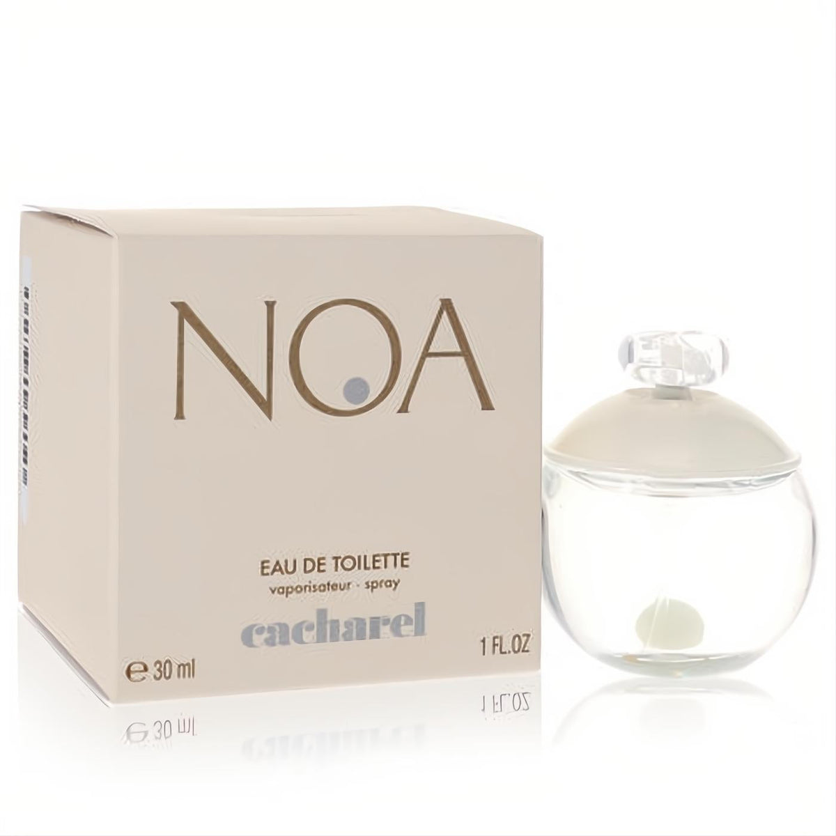 Elegant Cacharel Noa 1 oz women's EDT spray: clear glass bottle with pearl detail, beside its chic beige box.