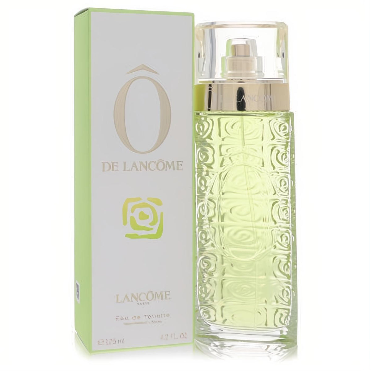 O de Lancome 4.2 oz Eau De Toilette spray in an elegant, embossed glass bottle with refreshing green liquid, beside its vibrant green box.
