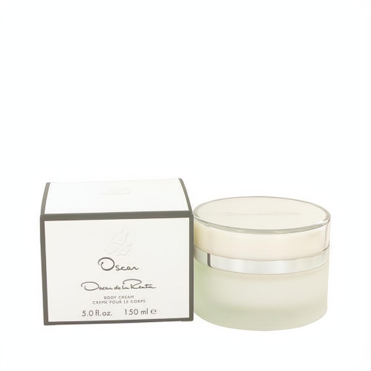 Luxurious Oscar de la Renta Body Cream 5.0 oz, presented in a white box and elegant frosted glass jar with silver trim.