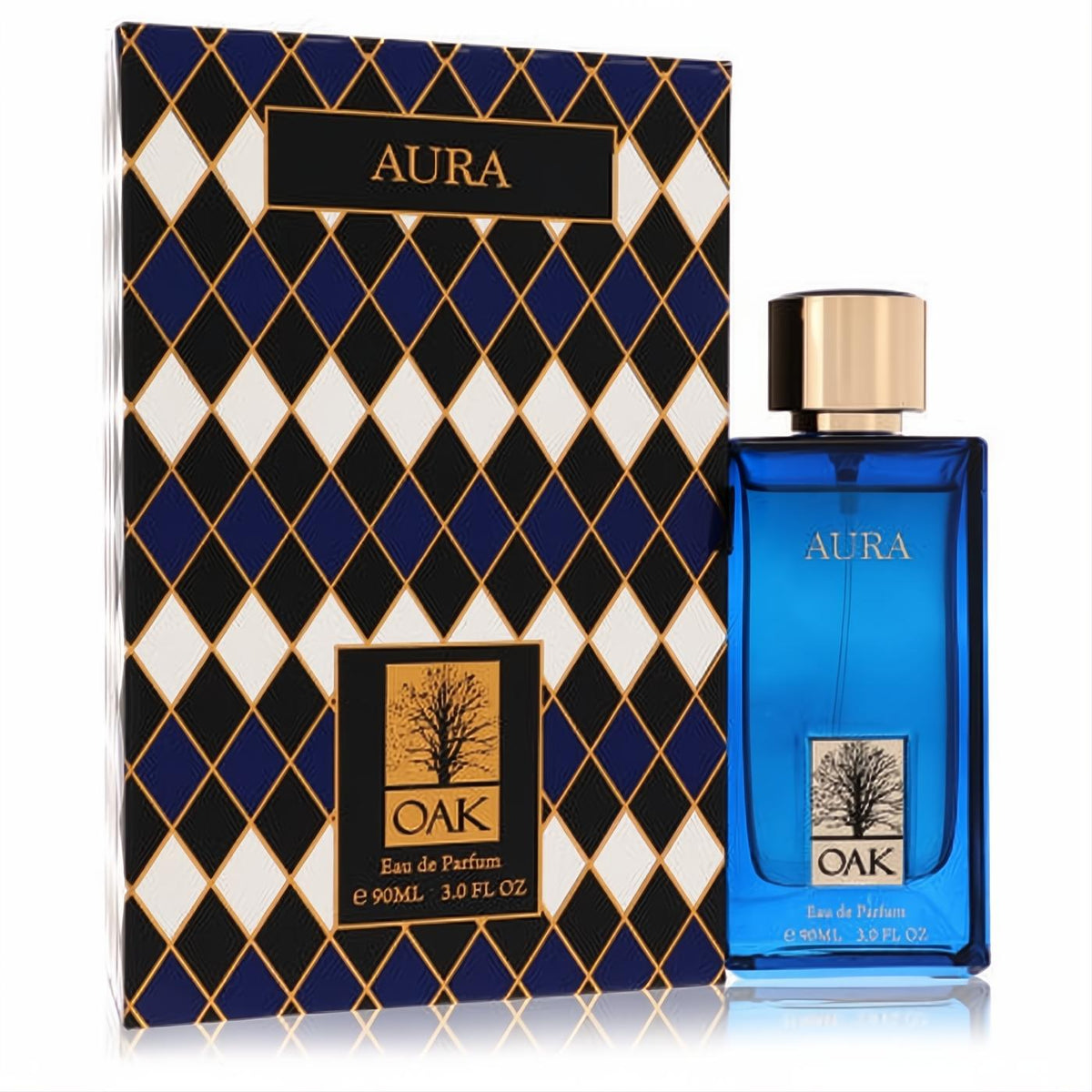 Oak Aura 3 oz women's Eau de Parfum: a stunning deep blue glass bottle with a luxurious gold cap and matching patterned box.