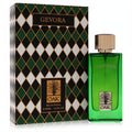 Oak Gevora 3 oz Eau de Parfum: vibrant green glass bottle with gold cap, displayed with its elegant green and gold diamond box.
