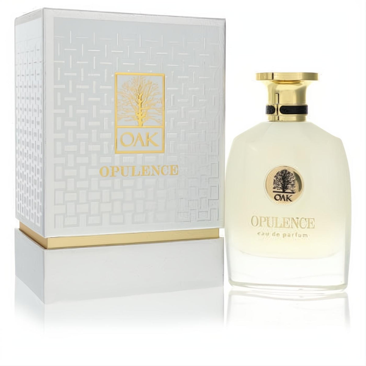 Luxurious Oak Opulence 3 oz unisex eau de parfum. Frosted bottle, gold cap, and elegant white box with gold oak tree logo.