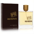 Sophisticated Old Havana PM men's 3.4 oz eau de toilette. Clear glass bottle with gold cap, rich amber liquid, and elegant dark brown box.