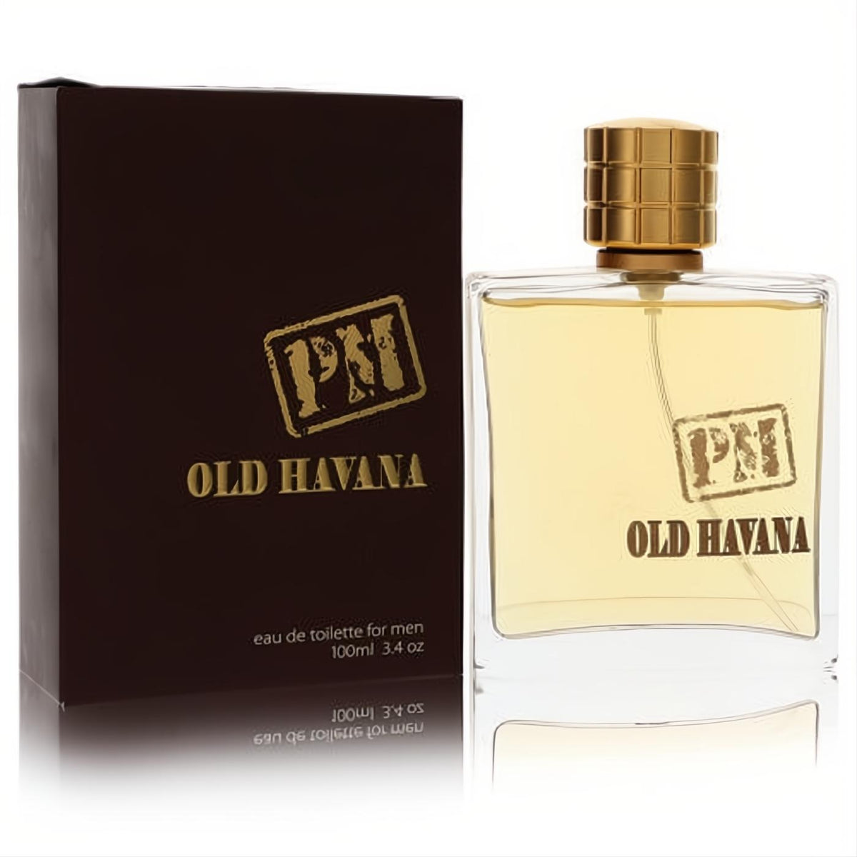 Sophisticated Old Havana PM men's 3.4 oz eau de toilette. Clear glass bottle with gold cap, rich amber liquid, and elegant dark brown box.