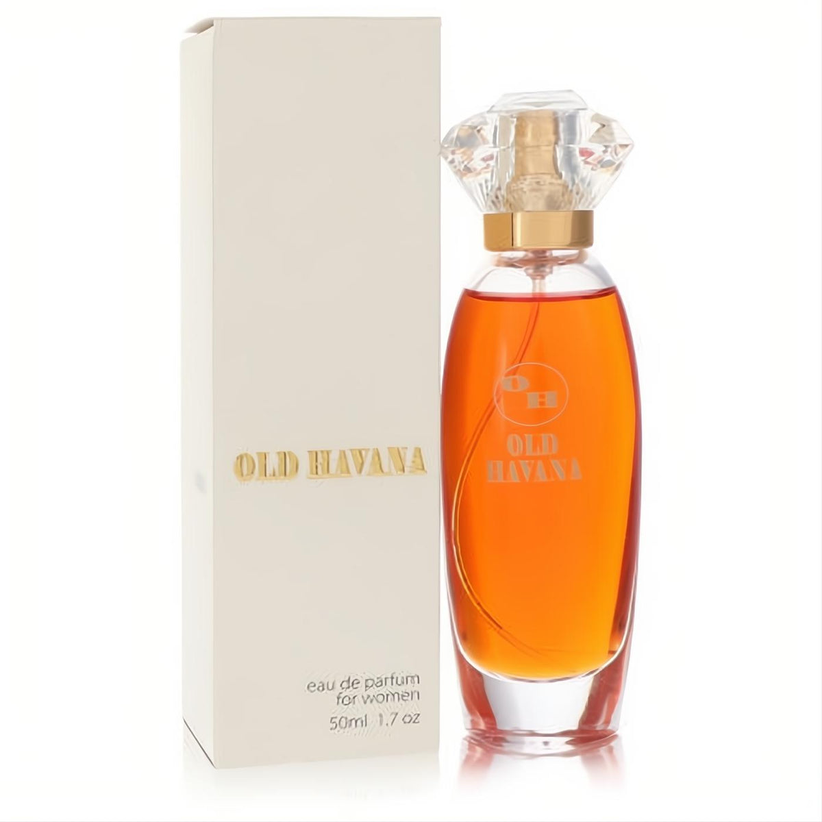Seductive Old Havana 1.7 oz Eau De Parfum for women. Amber liquid in an elegant glass bottle with a sparkling crystal cap and cream box.