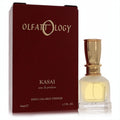 Olfattology Kasai 1.7 oz unisex EDP. Frosted glass bottle with a gleaming gold cap, next to its elegant deep red box.