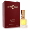 Luxurious Olfattology Yacuma 1.7 oz EDP in a frosted glass bottle with a gleaming gold cap, beside its elegant red textured box.
