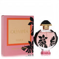 Paco Rabanne Olympea Flora 1.7 oz EDP Intense. Pink perfume in a clear bottle with black floral accents and a vibrant pink box.