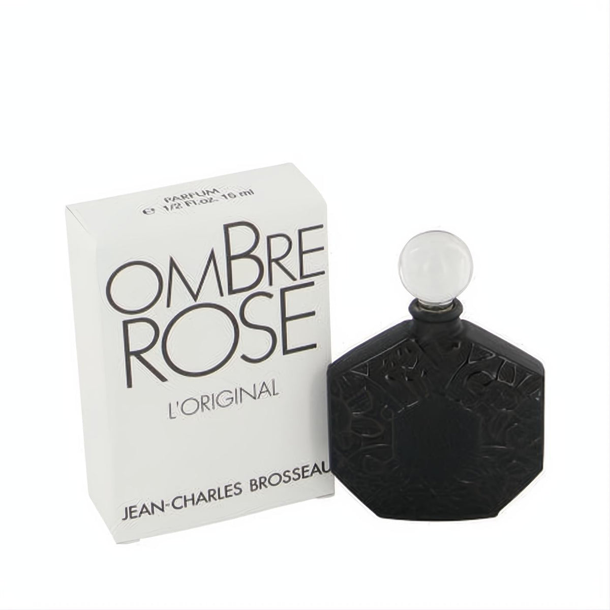 Luxurious Ombre Rose L'Original .5 oz pure perfume. Features an ornate black faceted bottle with a clear spherical stopper and white box.