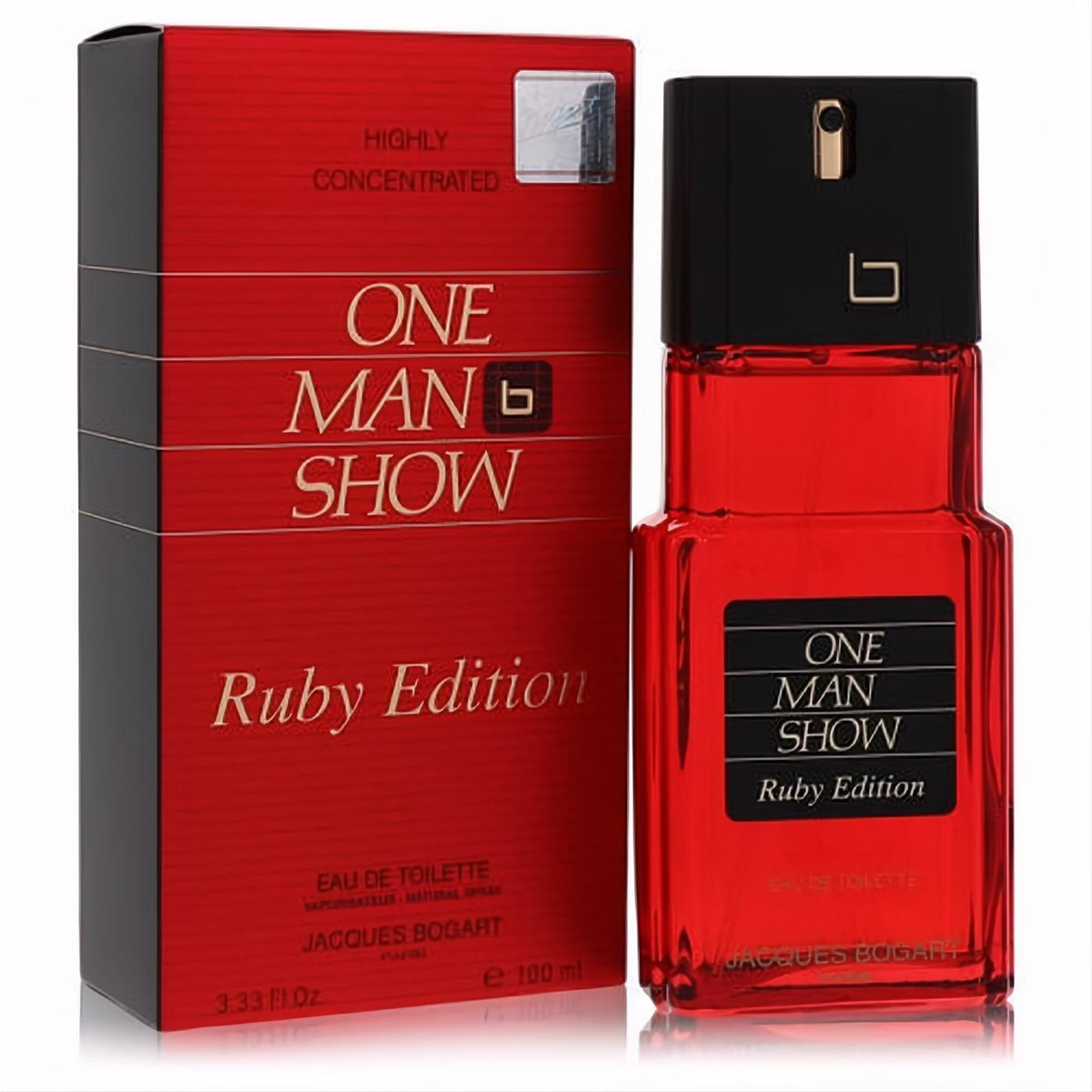 Striking red One Man Show Ruby Edition 3.3 oz men's cologne bottle and box by Jacques Bogart. Make a bold statement.