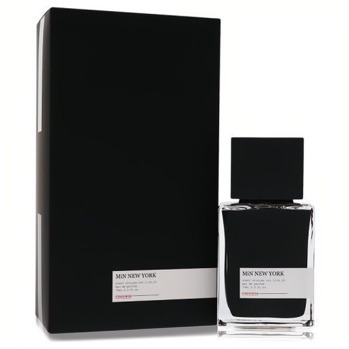 Min New York Onsen 2.5 oz unisex EDP in a sleek clear glass bottle with dark liquid, black cap, and minimalist box.