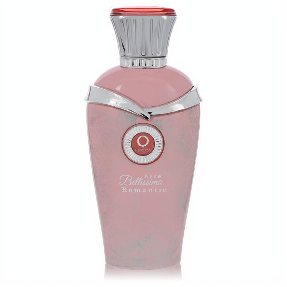 Luxurious Orientica Arte Bellissimo Romantic Eau De Parfum. Pink glass bottle, elegant silver trim, red cap, and delicate floral pattern.