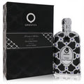 Stunning Orientica Oud Saffron perfume bottle and black box, featuring ornate silver filigree and blue details.