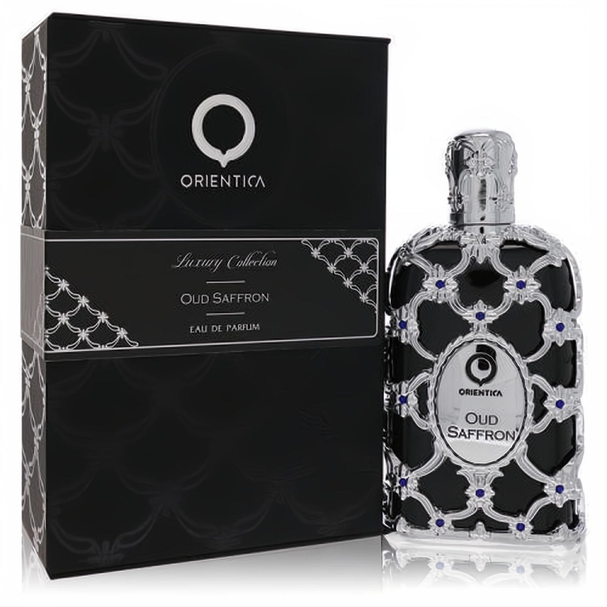 Stunning Orientica Oud Saffron perfume bottle and black box, featuring ornate silver filigree and blue details.
