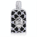 Exquisite Orientica Oud Saffron 2.7 oz EDP. Black bottle with ornate silver filigree, blue jewels, and elegant cap.