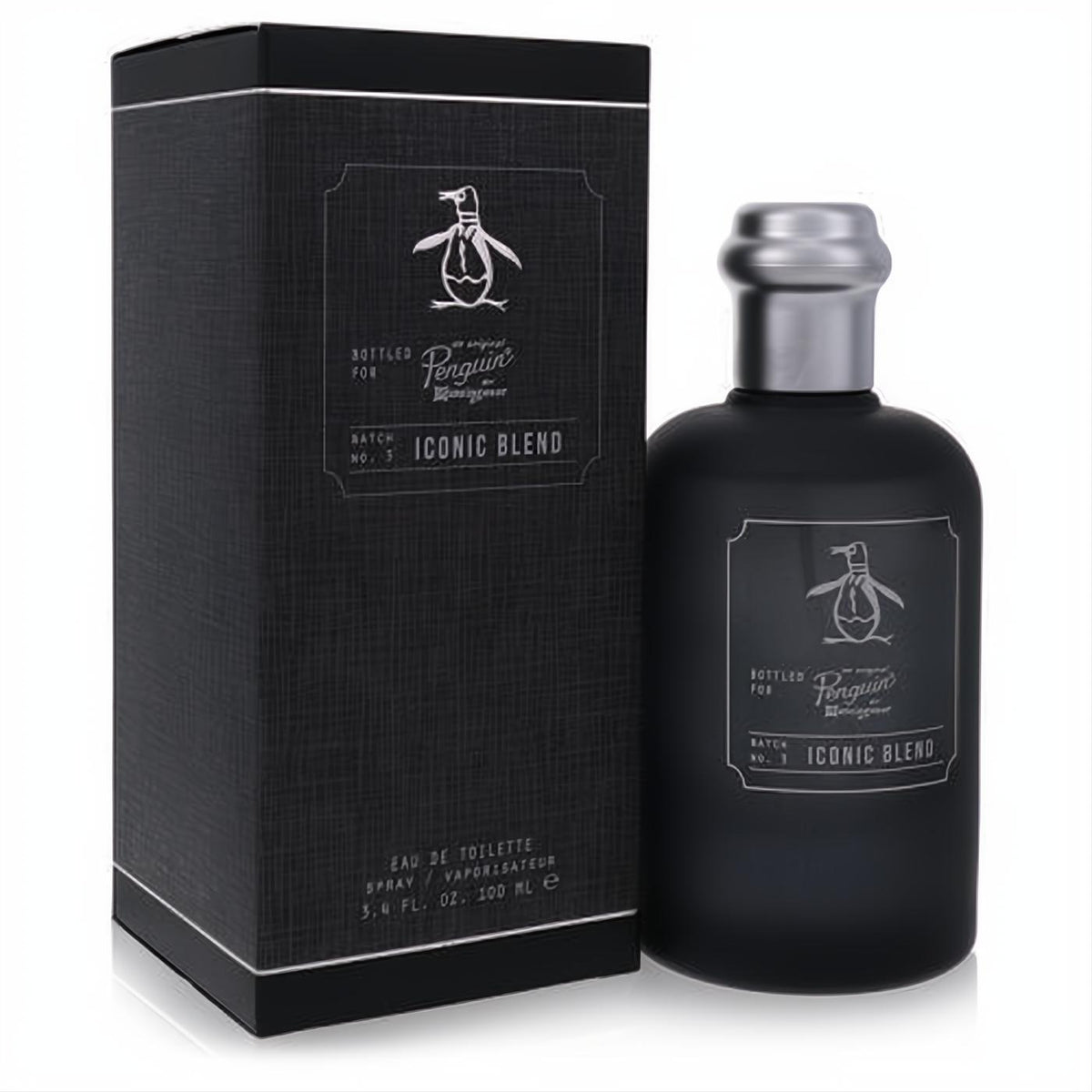 Original Penguin Iconic Blend 3.4 oz men's cologne. Sleek matte black bottle, silver cap, and matching box for a sophisticated look.