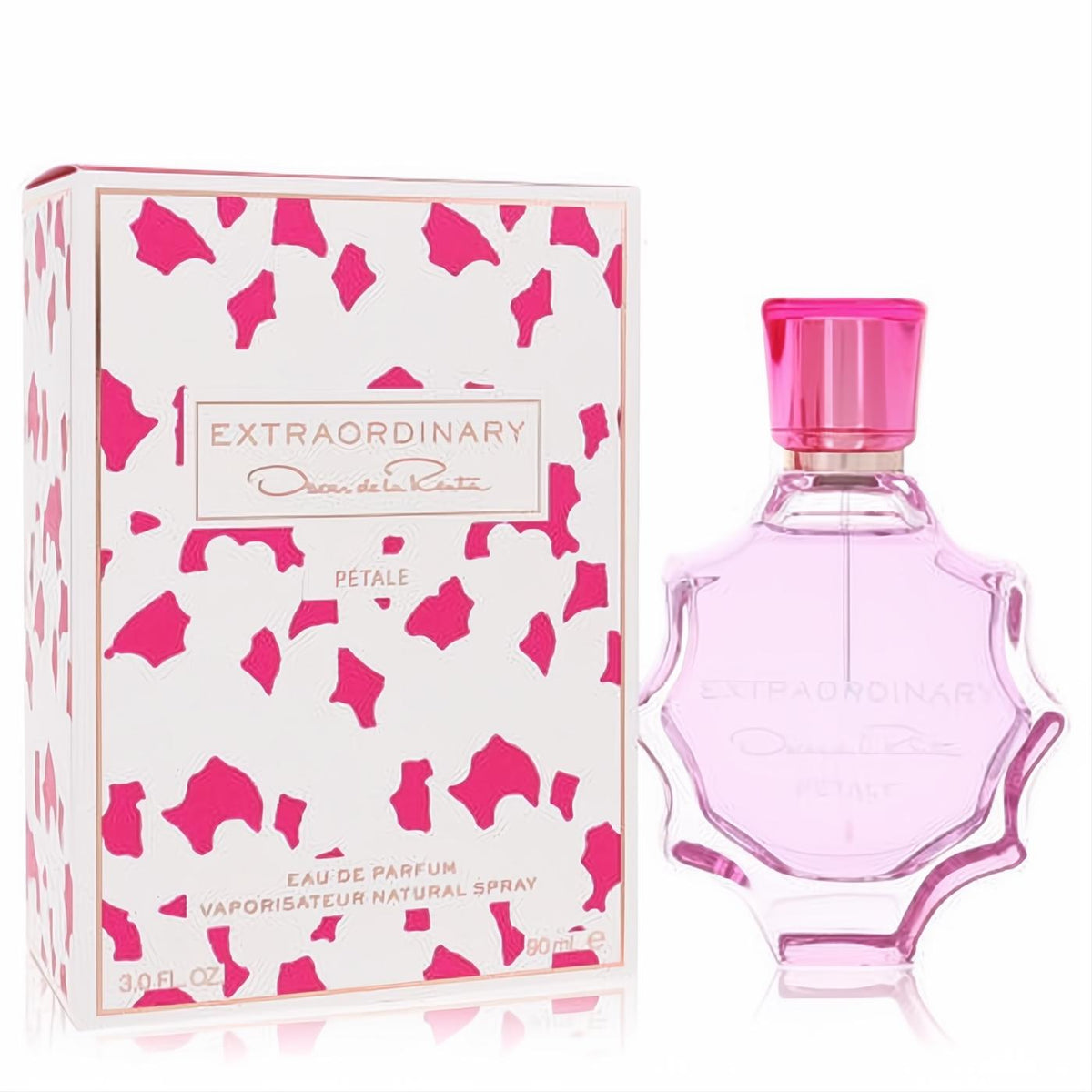 Oscar De La Renta Extraordinary Petale 3 oz EDP. Elegant pink scalloped glass bottle with a vibrant cap, perfect for women.