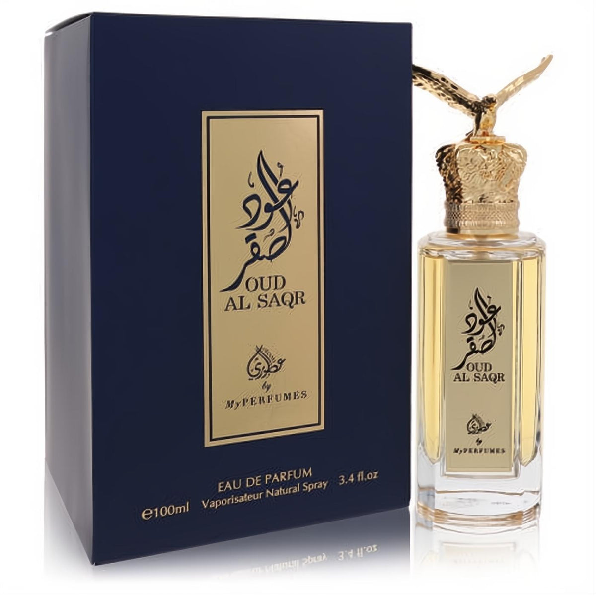 Oud Al Saqr 3.4 oz unisex EDP spray. Clear bottle with majestic gold eagle crown cap, beside a sophisticated navy box.