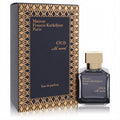 Luxurious Maison Francis Kurkdjian Oud Silk Mood EDP. Dark blue box with iconic gold geometric pattern, sleek glass bottle with gold cap.