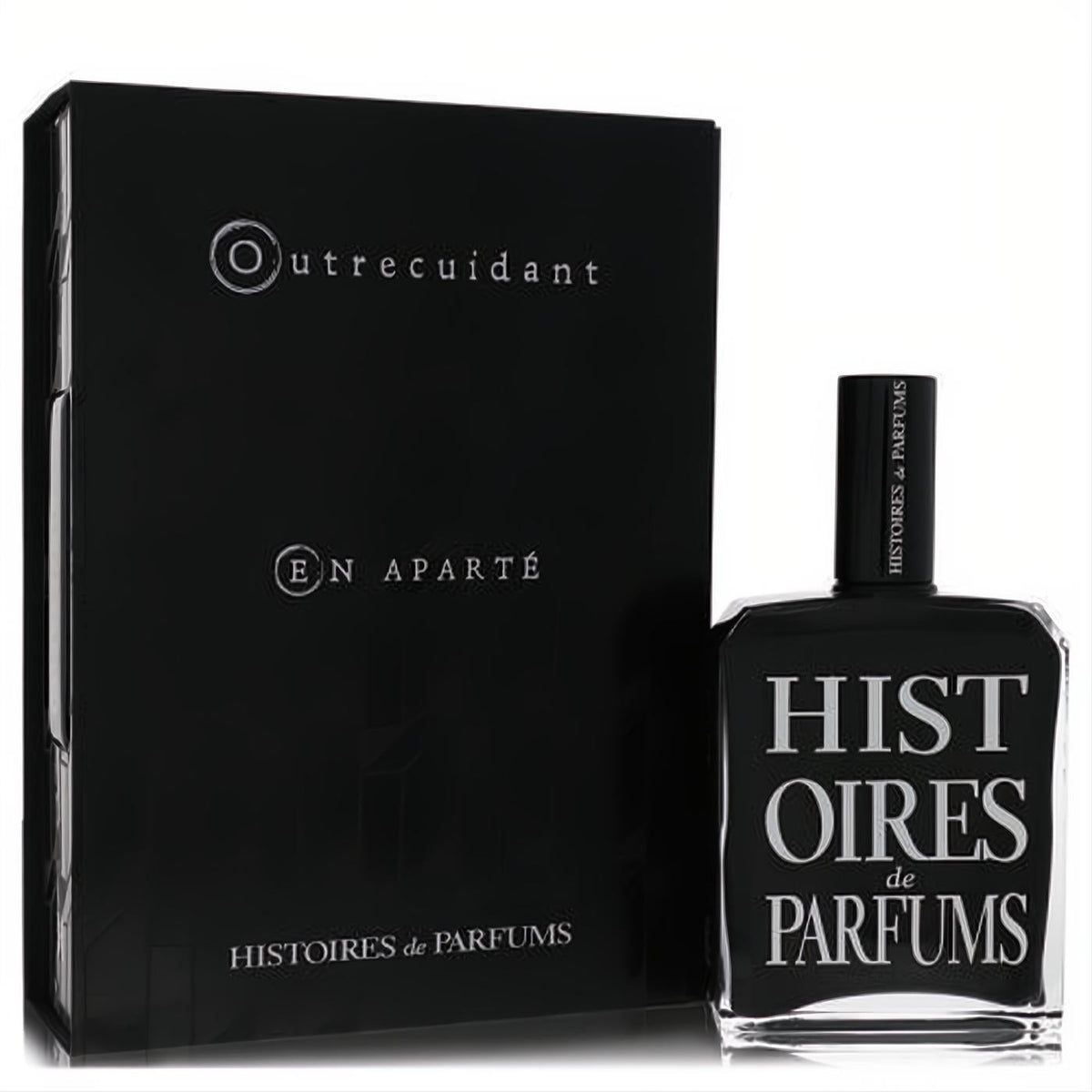 Bold black 4 oz Histoires De Parfums Outrecuidant unisex EDP bottle with white lettering and matching box.