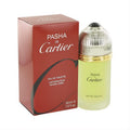 Pasha de Cartier 1.6 oz EDT spray. Frosted green glass bottle with gold band, ribbed silver cap, and bold red box.