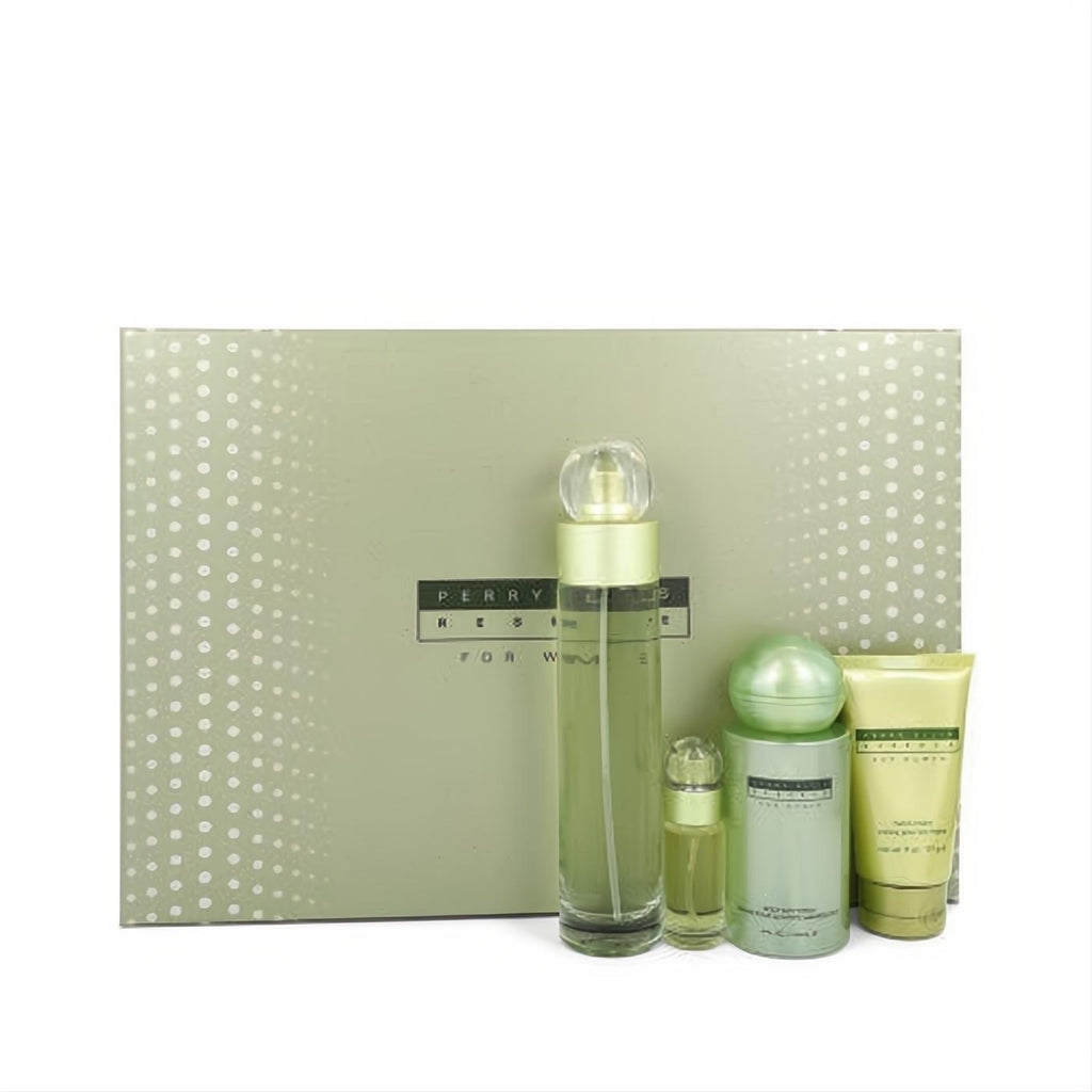 Discover the Perry Ellis Reserve for Women 4-piece gift set. Features a stylish light green polka dot box, EDP, body mist, and hand cream.